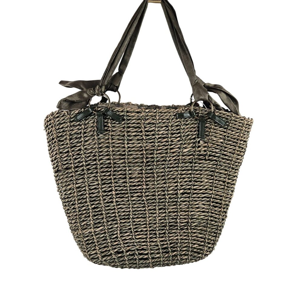 Reef Woven Cornhusk Tote Bag Green Satin Handles Camouflage Lining 2 Handles